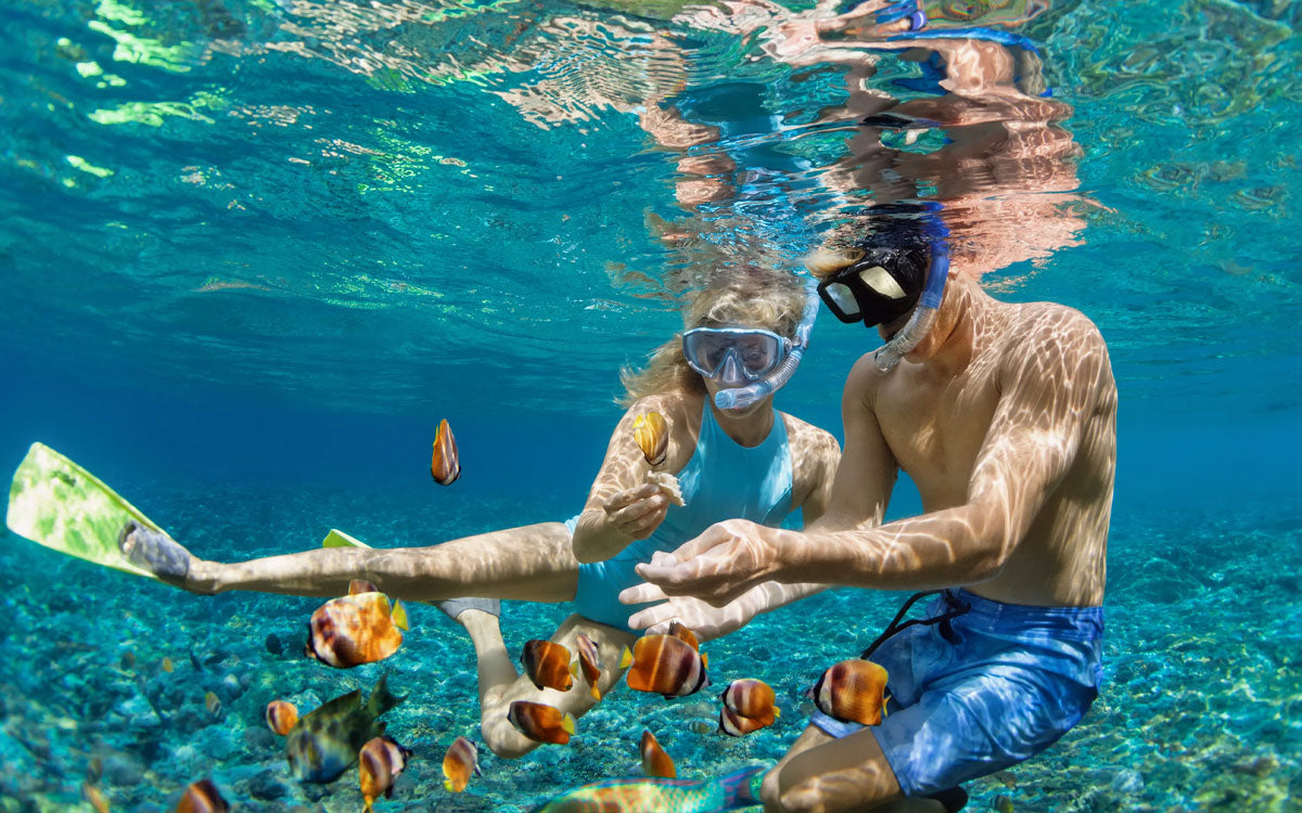 2 ragazzi in acqua con l'attrezzatura da snorkeling osservano una conchiglia